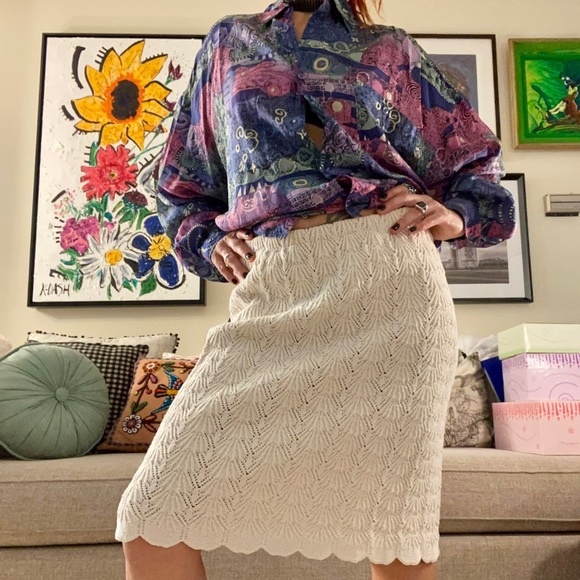 Vintage Dresses & Skirts - vintage cream cotton crotchet skirt / medium
